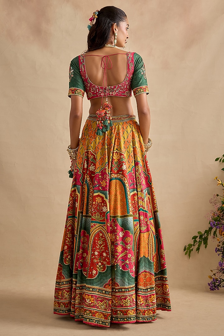 Multi-Colored Dola Silk Printed & Embroidered Wedding Lehenga Set by Kalista at Pernia's Pop Up Shop