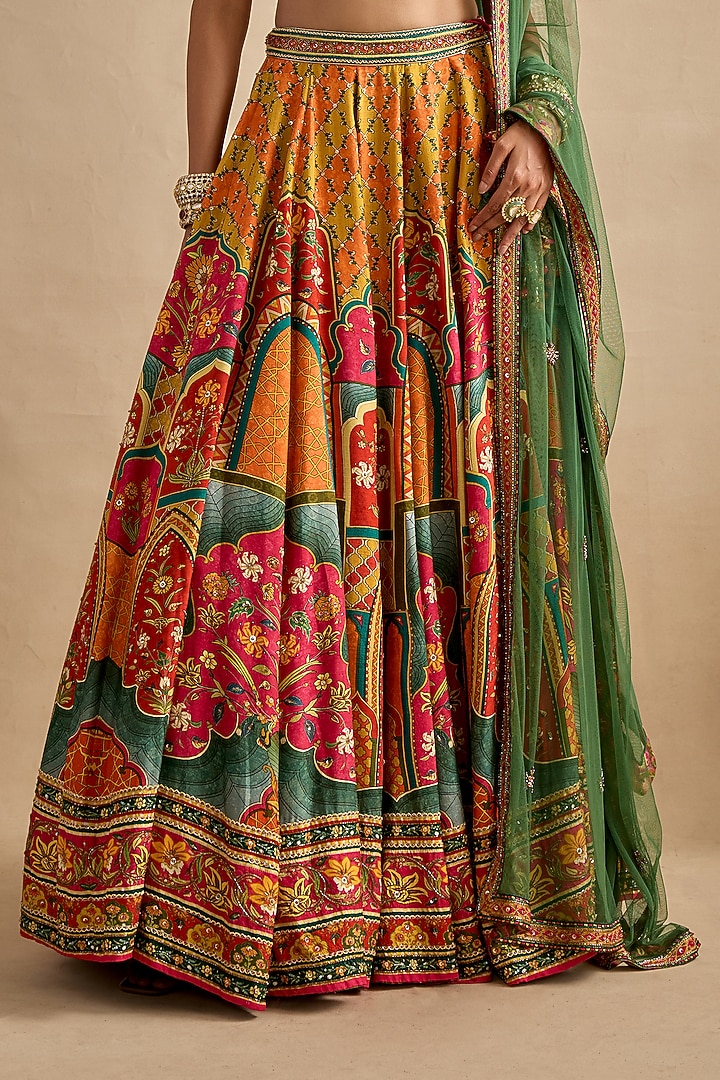 Multi-Colored Dola Silk Printed & Embroidered Wedding Lehenga Set by Kalista at Pernia's Pop Up Shop
