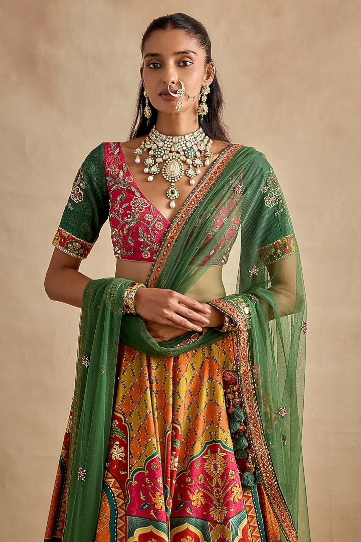 Multi-Colored Dola Silk Printed & Embroidered Wedding Lehenga Set by Kalista at Pernia's Pop Up Shop