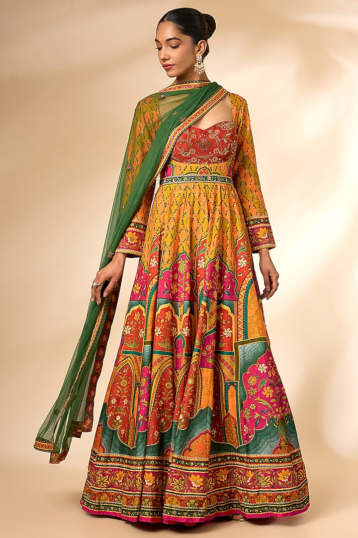 Multi-Colored Viscose Silk Printed Wedding Anarkali Set by Kalista at Pernia's Pop Up Shop
