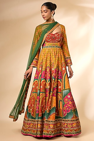 Multi-Colored Viscose Silk Printed Anarkali Set by Kalista