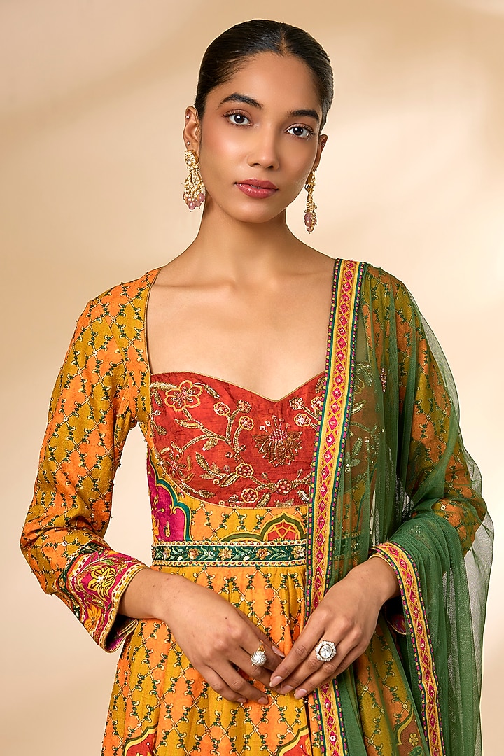 Multi-Colored Viscose Silk Printed Wedding Anarkali Set by Kalista at Pernia's Pop Up Shop