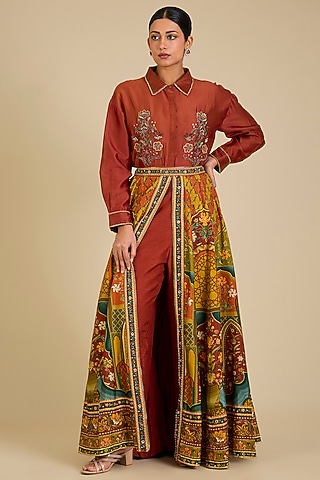 Multi-Colored Silk Chanderi Skirt Set by Kalista