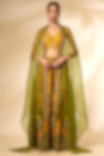 Mustard & Green Viscose Silk Printed Wedding Sharara Set by Kalista at Pernia's Pop Up Shop