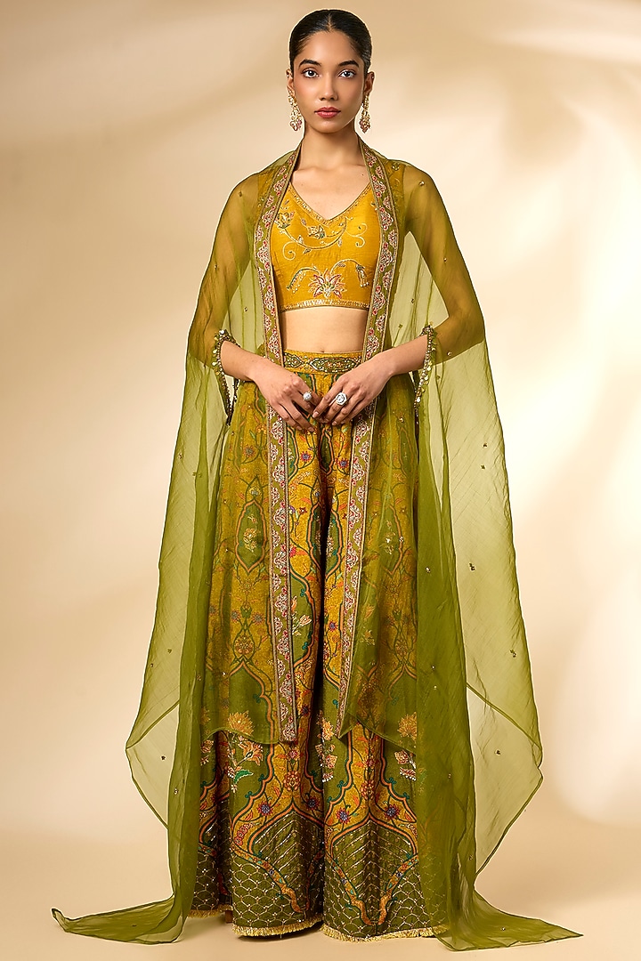 Mustard & Green Viscose Silk Printed Wedding Sharara Set by Kalista at Pernia's Pop Up Shop