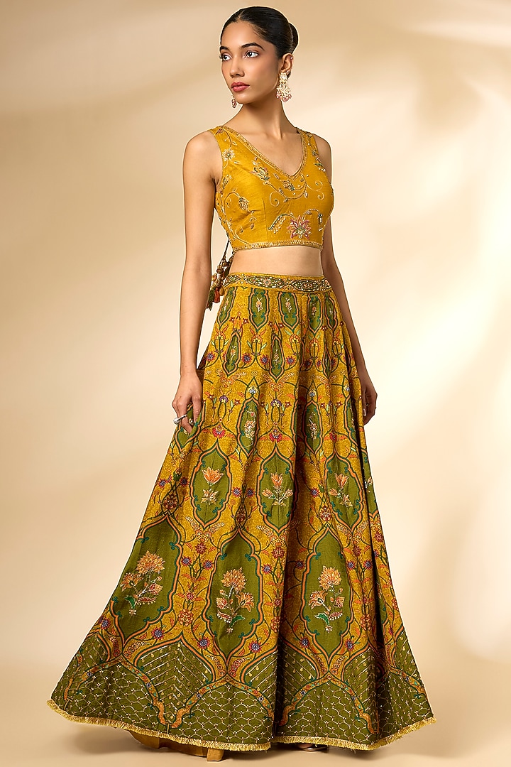 Mustard & Green Viscose Silk Printed Wedding Sharara Set by Kalista at Pernia's Pop Up Shop