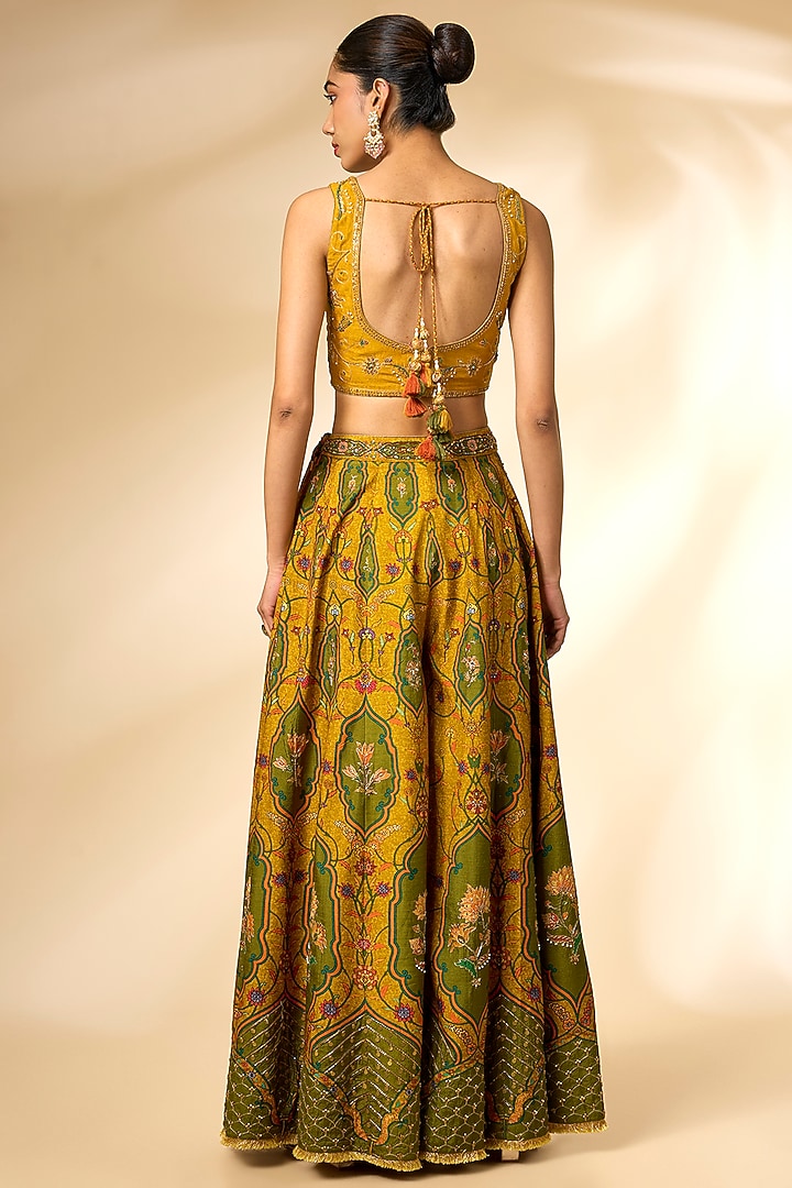 Mustard & Green Viscose Silk Printed Wedding Sharara Set by Kalista at Pernia's Pop Up Shop