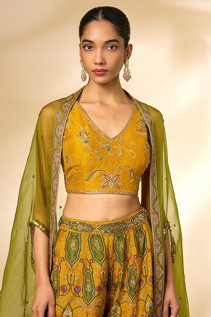 Mustard & Green Viscose Silk Printed Wedding Sharara Set by Kalista at Pernia's Pop Up Shop