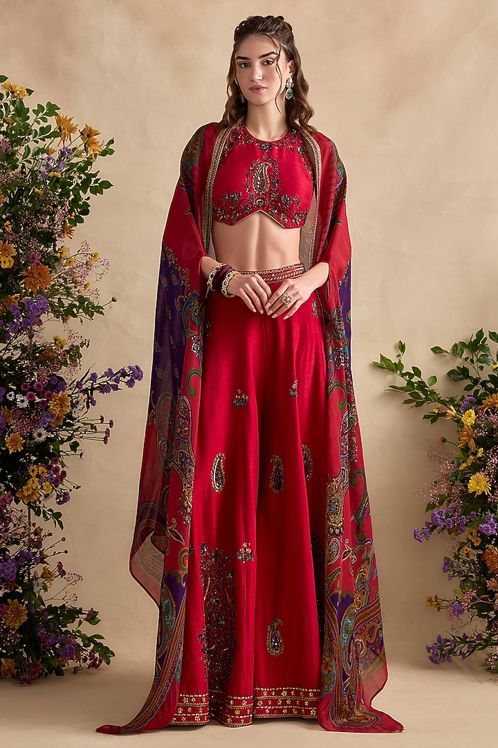 Crimson Pink Viscose Silk Flared Wedding Sharara Set by Kalista at Pernia's Pop Up Shop