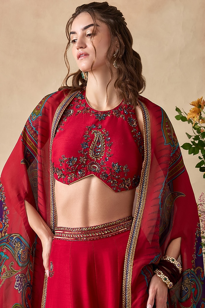 Crimson Pink Viscose Silk Flared Wedding Sharara Set by Kalista at Pernia's Pop Up Shop