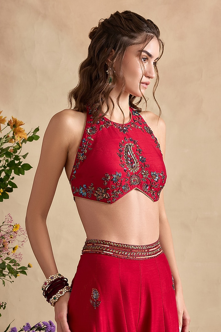 Crimson Pink Viscose Silk Flared Wedding Sharara Set by Kalista at Pernia's Pop Up Shop