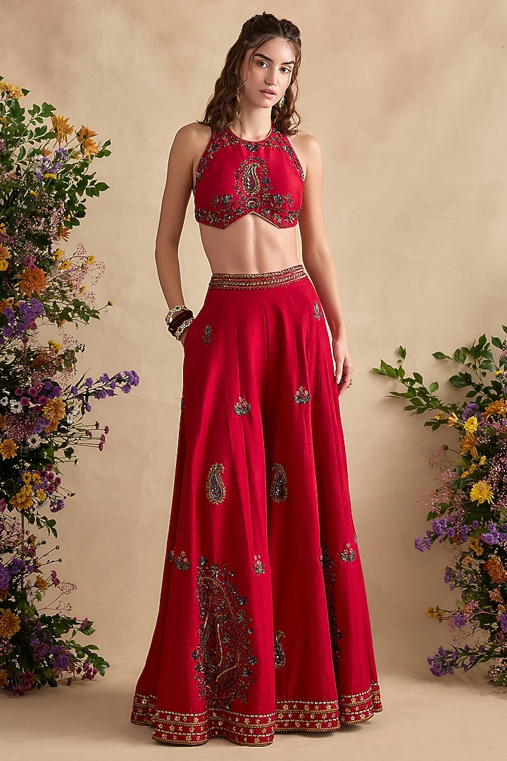 Crimson Pink Viscose Silk Flared Wedding Sharara Set by Kalista at Pernia's Pop Up Shop