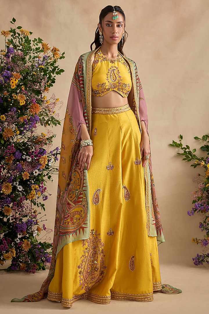 Amber Yellow Viscose Silk Wedding Sharara Set by Kalista at Pernia's Pop Up Shop