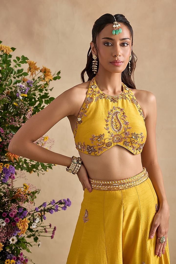 Amber Yellow Viscose Silk Wedding Sharara Set by Kalista at Pernia's Pop Up Shop