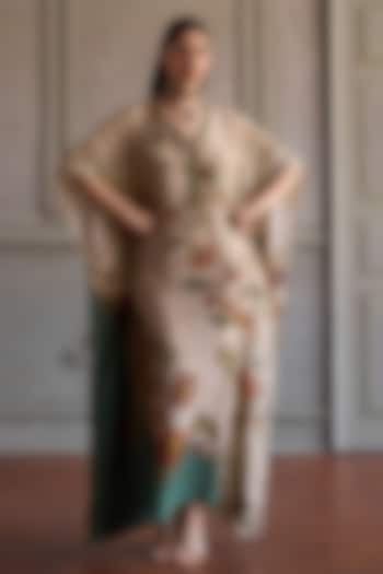 Beige Crepe Embroidered Kaftan by Kalista at Pernia's Pop Up Shop
