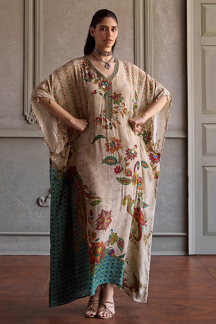 Beige Crepe Embroidered Kaftan by Kalista at Pernia's Pop Up Shop