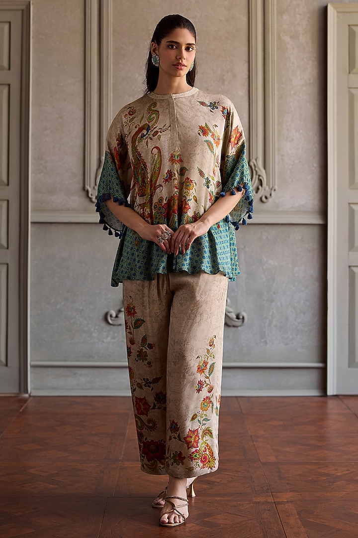 Beige Modal Satin Printed Tunic Set by Kalista at Pernia's Pop Up Shop