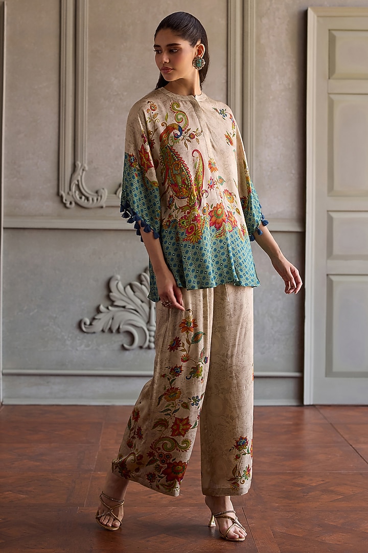 Beige Modal Satin Printed Tunic Set by Kalista at Pernia's Pop Up Shop