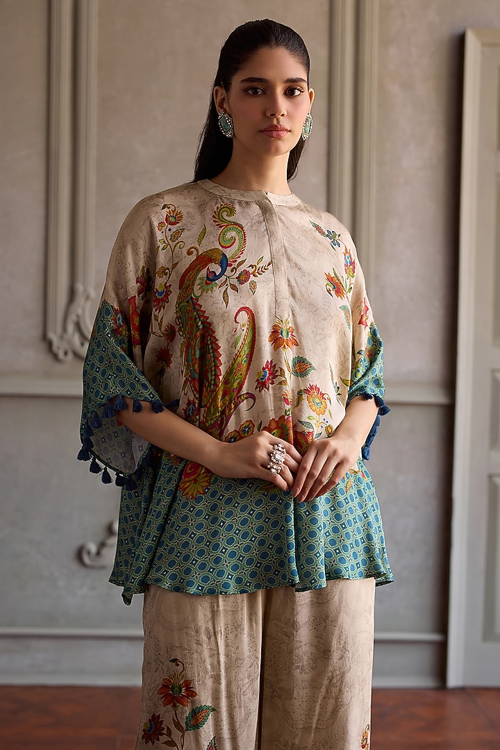 Beige Modal Satin Printed Tunic Set by Kalista at Pernia's Pop Up Shop