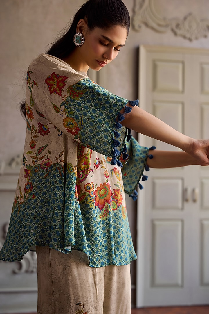 Beige Modal Satin Printed Tunic Set by Kalista at Pernia's Pop Up Shop