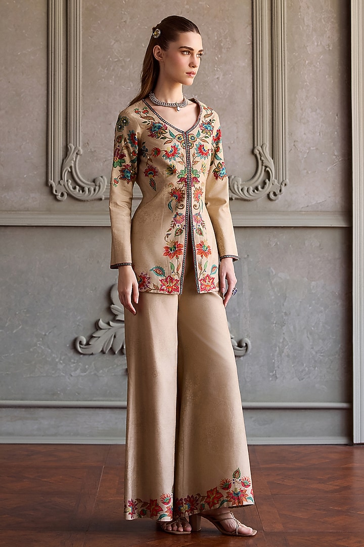 Beige Dola Silk Embroidered Co-ord Set by Kalista at Pernia's Pop Up Shop