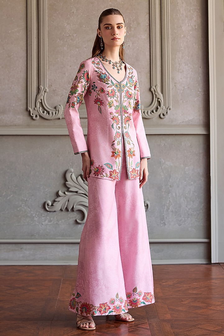 Blush Pink Dola Silk Embroidered Co-ord Set by Kalista at Pernia's Pop Up Shop