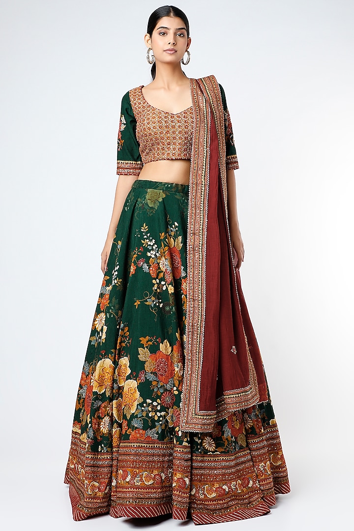 Evergreen Floral Printed & Embroidered Lehenga Set by Kalista