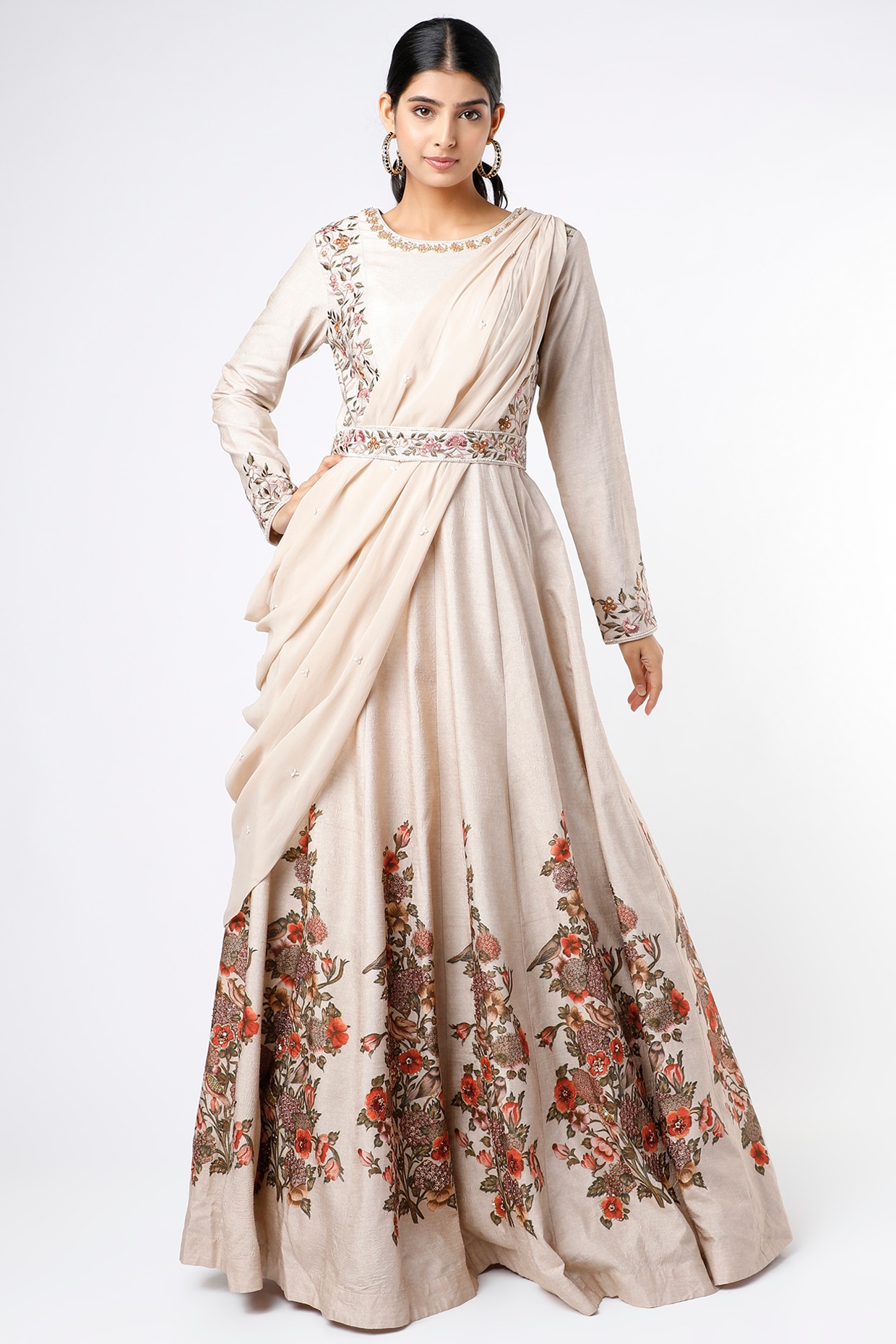 Ahalyaa Blue & White Floral Print Ethnic Maxi Dress with Attached Dupatta -  Absolutely Desi
