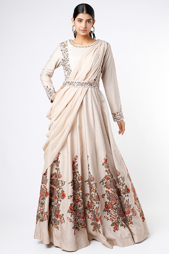 Off-White Embroidered Gown With Draped Dupatta by Kalista