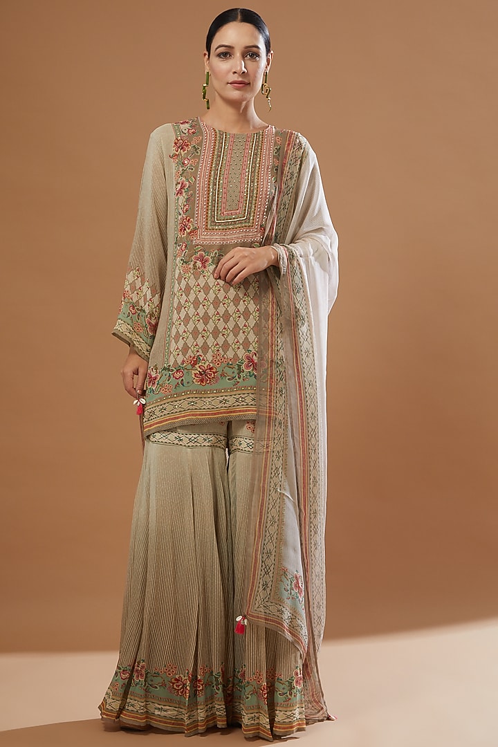 Ivory Georgette Printed Gharara Set by Kalista at Pernia's Pop Up Shop