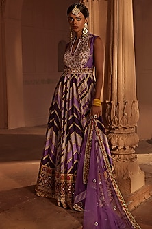 Purple Raw Silk Geometric Printed & Embroidered Anarkali Set Design by ...