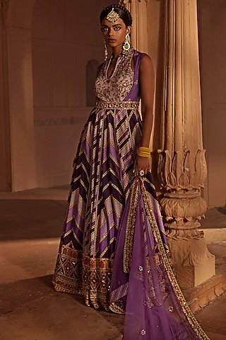 Purple Raw Silk Geometric Printed & Embroidered Anarkali Set by Kalista