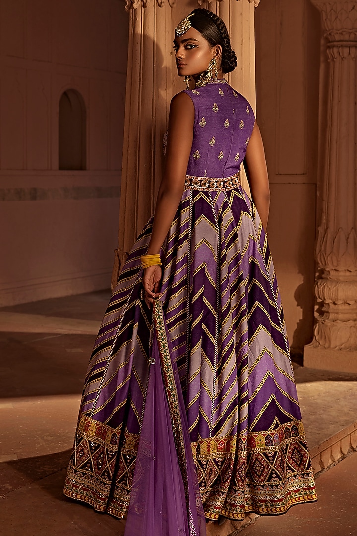 Purple Raw Silk Geometric Printed & Embroidered Wedding Anarkali Set by Kalista at Pernia's Pop Up Shop