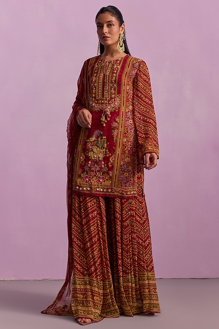 Red Viscose Georgette Party Wear Sharara Set by Kalista at Pernia's Pop Up Shop