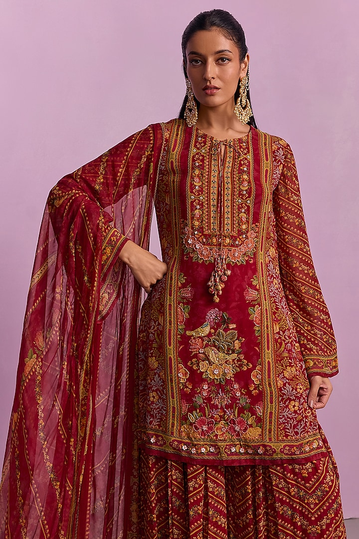 Red Viscose Georgette Party Wear Sharara Set by Kalista at Pernia's Pop Up Shop