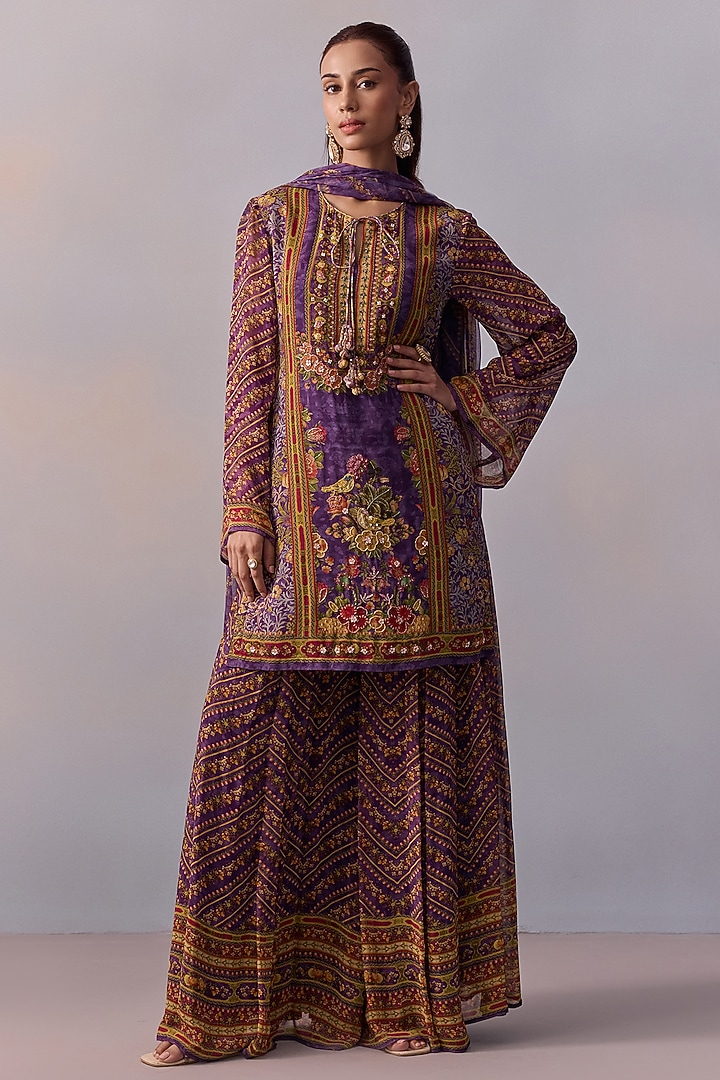 Purple Viscose Georgette Party Wear Sharara Set by Kalista at Pernia's Pop Up Shop