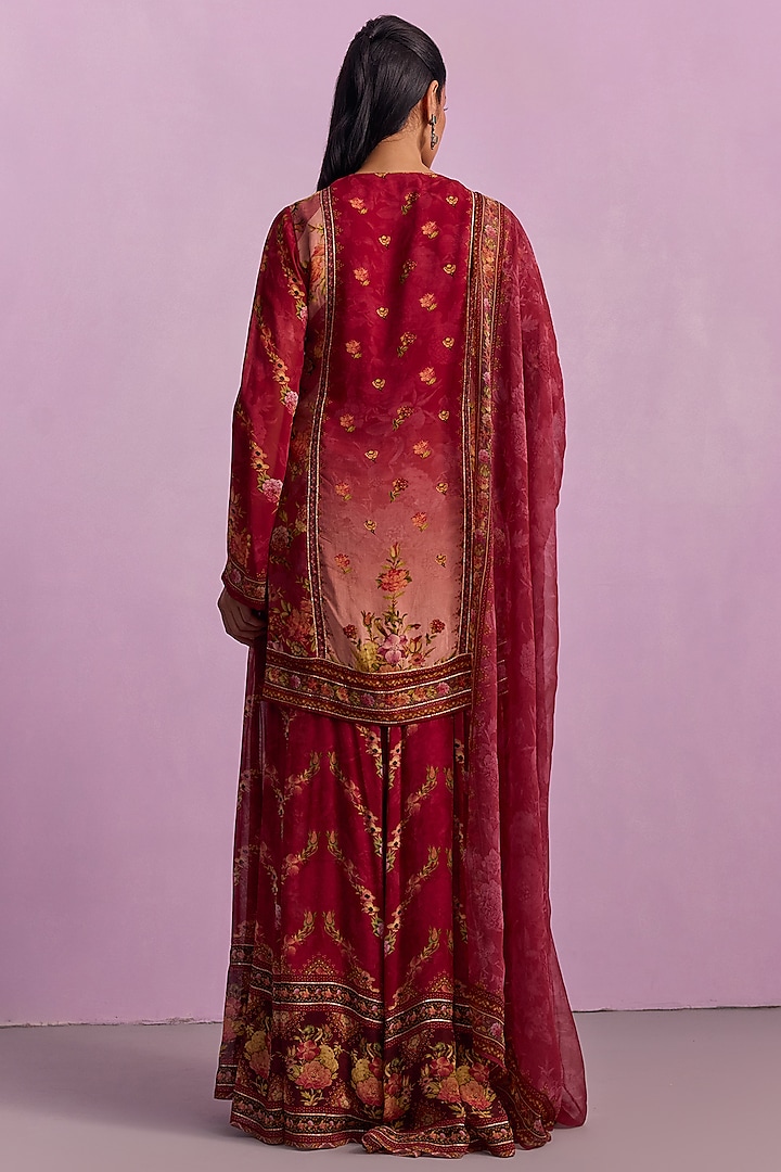 Rose Red Viscose Georgette Printed Flared Party Wear Sharara Set by Kalista at Pernia's Pop Up Shop