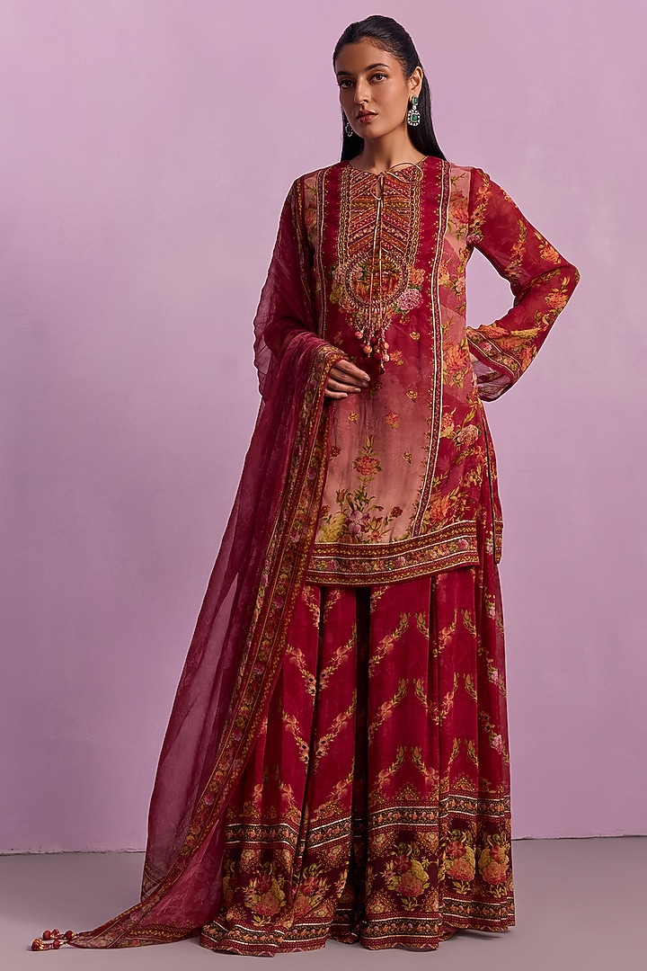 Rose Red Viscose Georgette Printed Flared Party Wear Sharara Set by Kalista at Pernia's Pop Up Shop