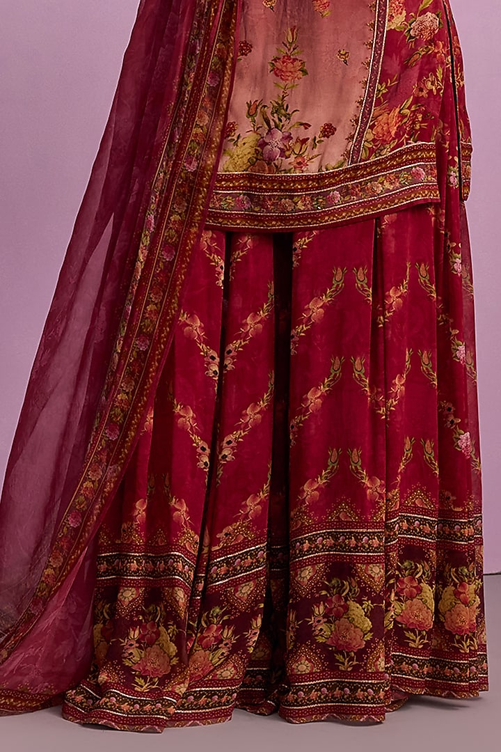 Rose Red Viscose Georgette Printed Flared Party Wear Sharara Set by Kalista at Pernia's Pop Up Shop