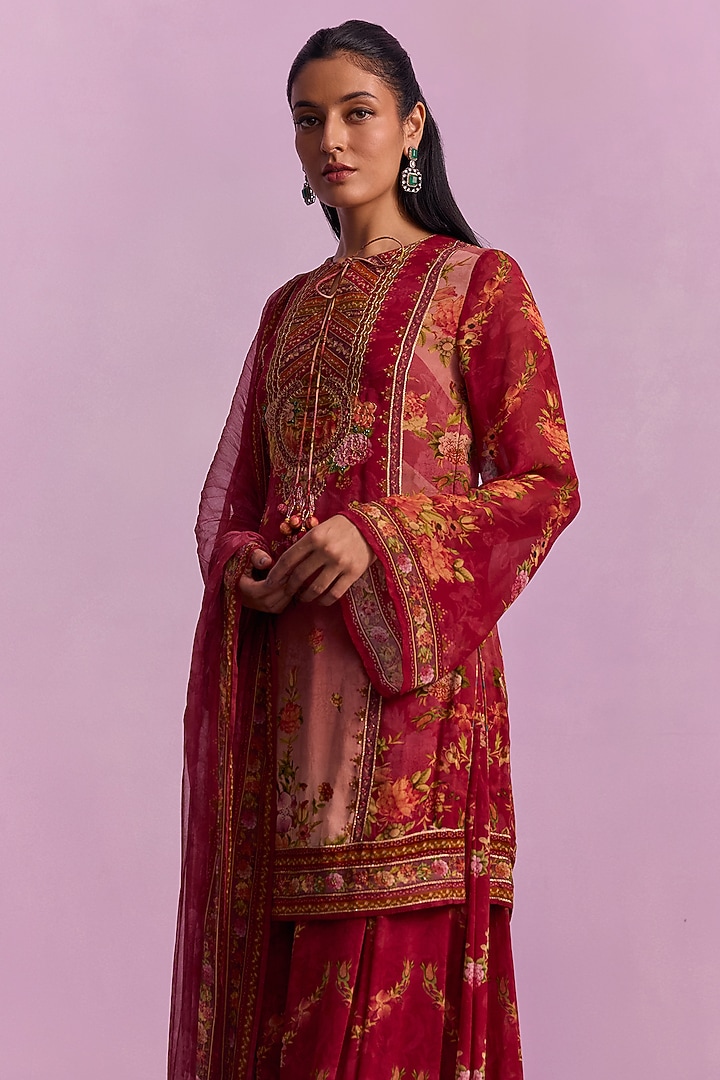 Rose Red Viscose Georgette Printed Flared Party Wear Sharara Set by Kalista at Pernia's Pop Up Shop