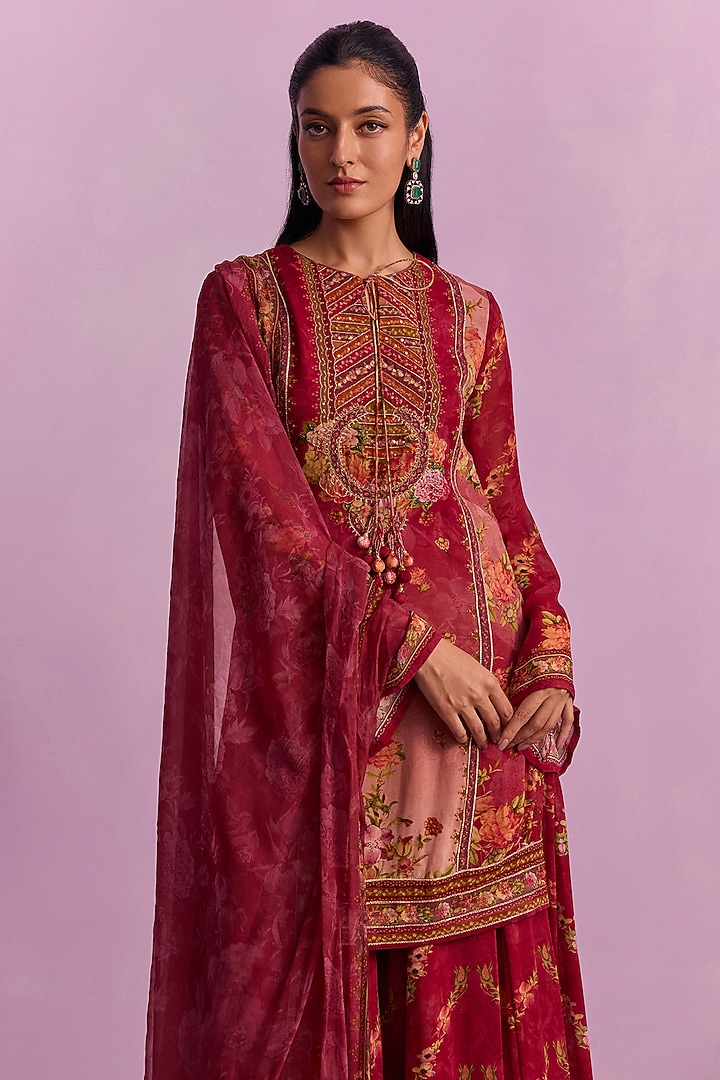 Rose Red Viscose Georgette Printed Flared Party Wear Sharara Set by Kalista at Pernia's Pop Up Shop