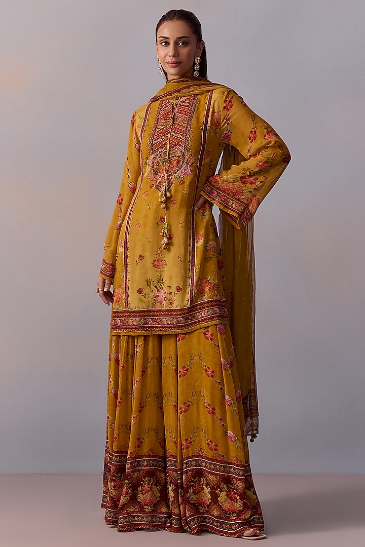 Canary Yellow Viscose Georgette Printed Flared Party Wear Sharara Set by Kalista at Pernia's Pop Up Shop