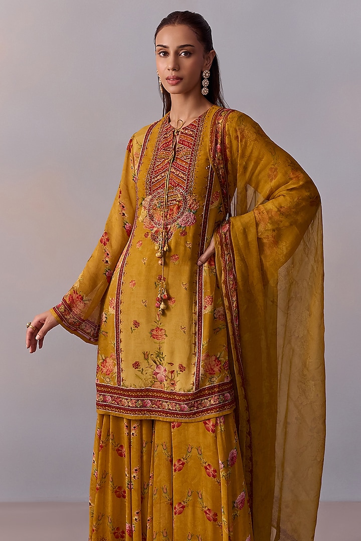Canary Yellow Viscose Georgette Printed Flared Party Wear Sharara Set by Kalista at Pernia's Pop Up Shop