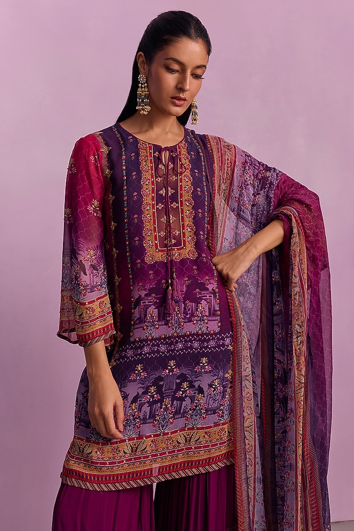 Purple Viscose Georgette Party Wear Sharara Set by Kalista at Pernia's Pop Up Shop