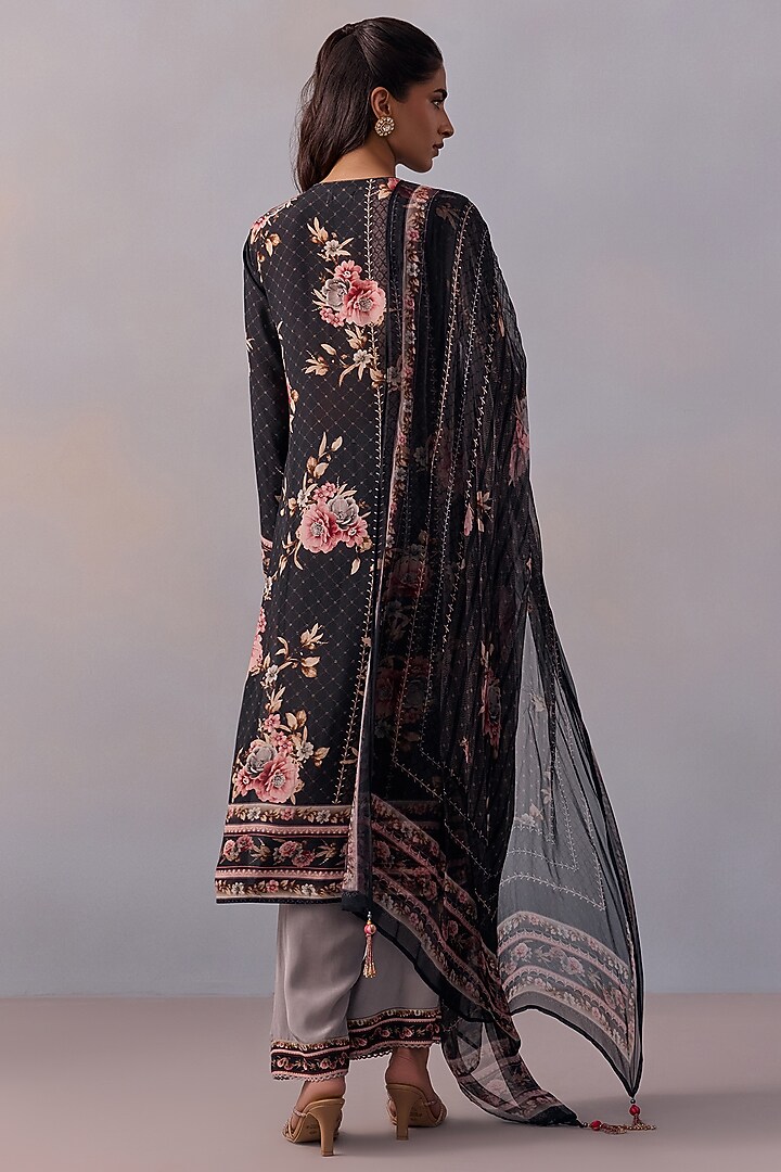 Black Viscose Crepe Printed & Embroidered Straight Kurta Set by Kalista at Pernia's Pop Up Shop