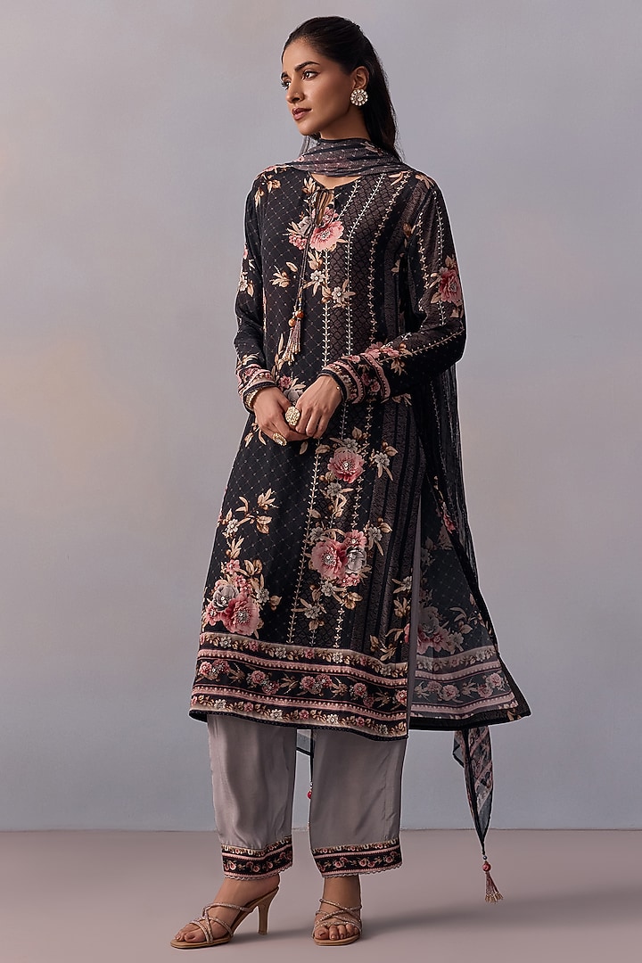 Black Viscose Crepe Printed & Embroidered Straight Kurta Set by Kalista at Pernia's Pop Up Shop