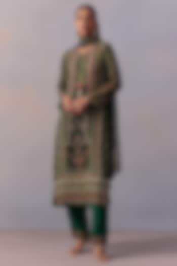 Bottle Green Viscose Crepe Printed & Embroidered Straight Kurta Set by Kalista at Pernia's Pop Up Shop