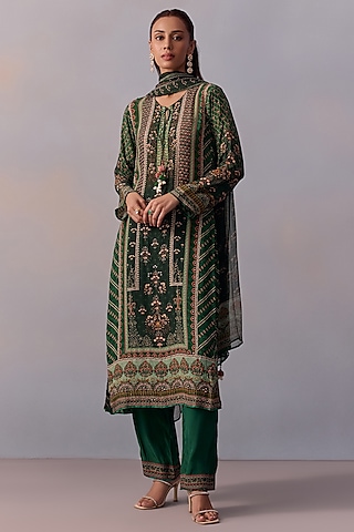 Bottle Green Viscose Crepe Printed & Embroidered Straight Kurta Set by Kalista