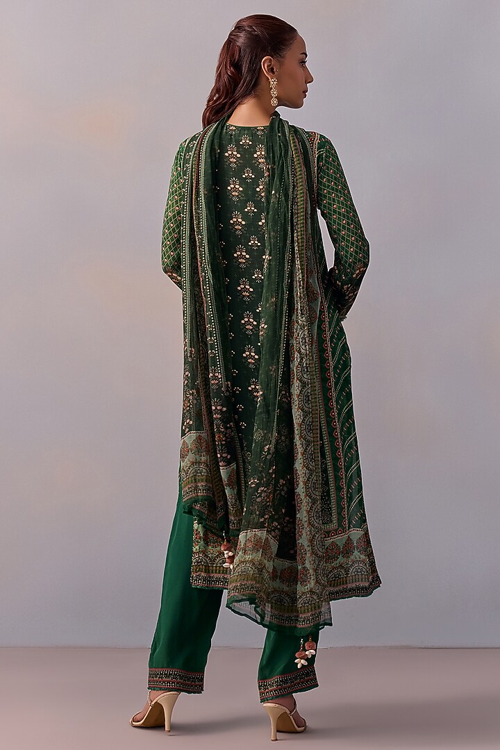 Bottle Green Viscose Crepe Printed & Embroidered Straight Kurta Set by Kalista at Pernia's Pop Up Shop