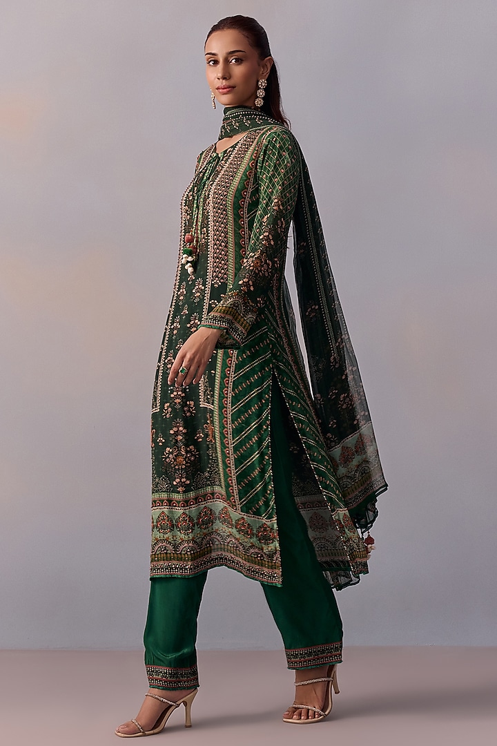 Bottle Green Viscose Crepe Printed & Embroidered Straight Kurta Set by Kalista at Pernia's Pop Up Shop